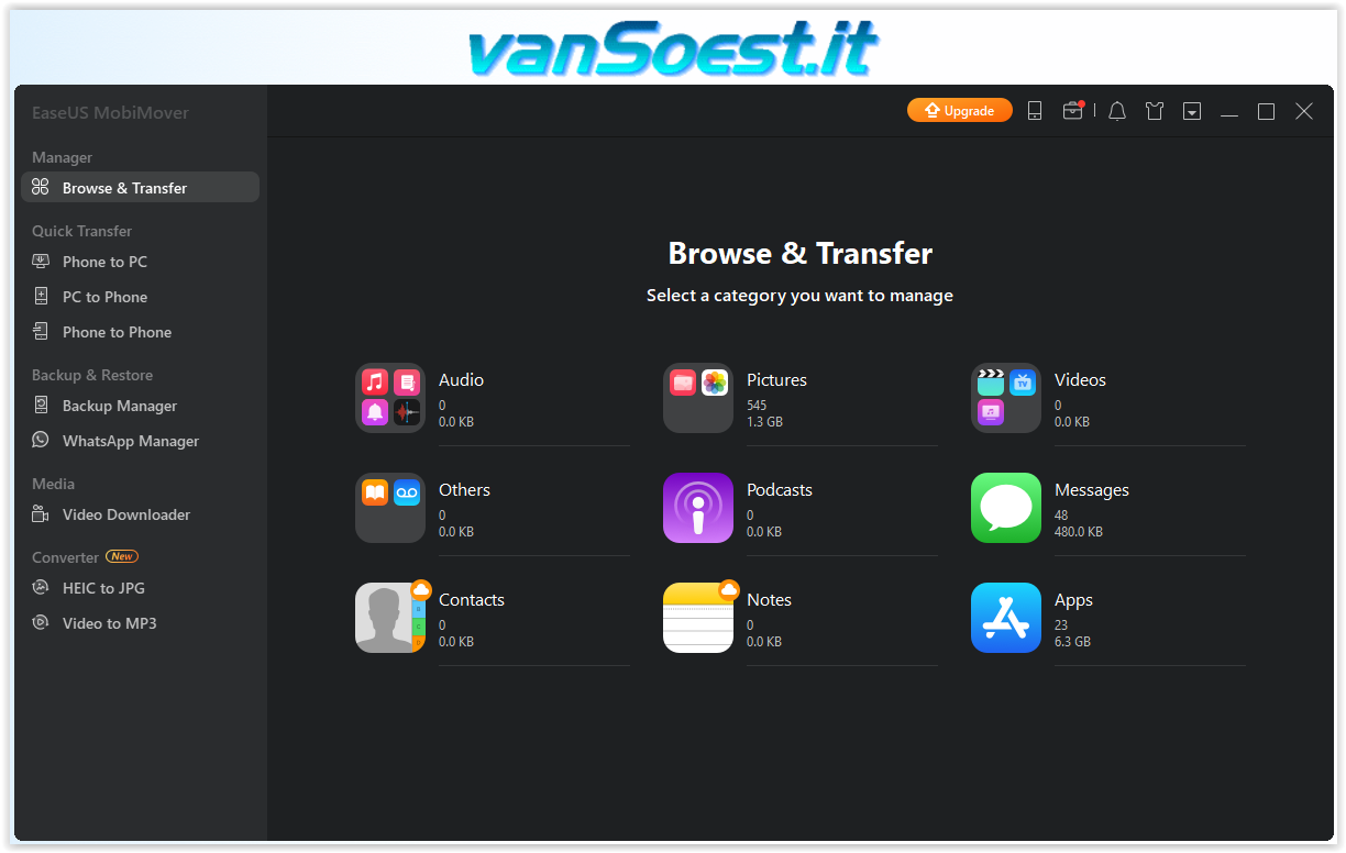 EaseUS MobiMover Free: Browse & Transfer selection menu.